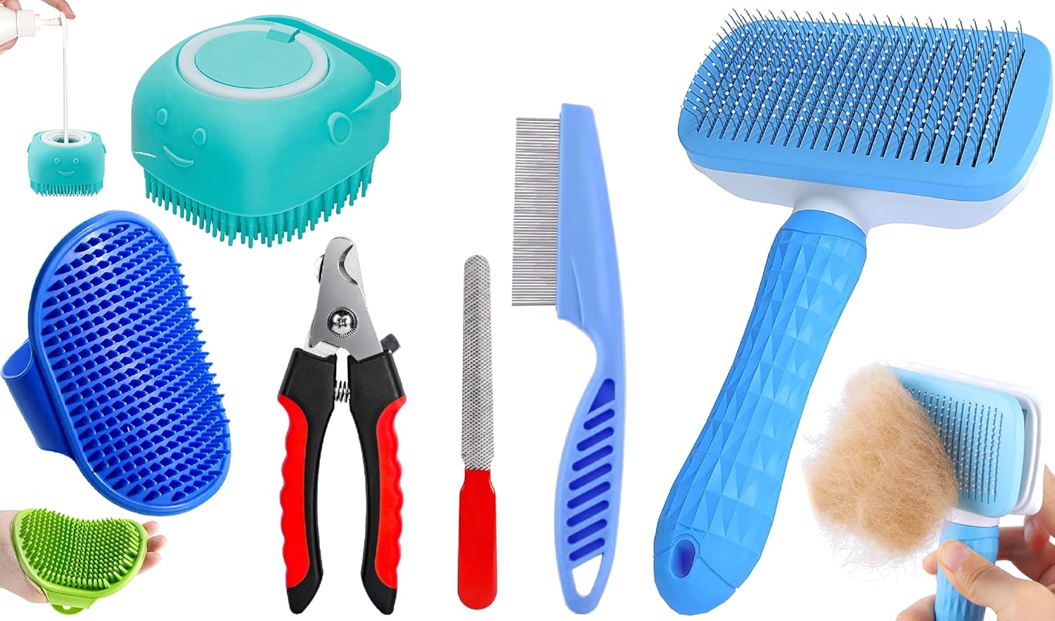 5-in-1 Pet Grooming Kit for Dogs & Cats – Includes Self Cleaning Brush, Cat Comb, Silicone Bath Scrubber, Flea Comb & Nail Clipper | Grooming Tools for All Hair Types | Dog Brush Kit
